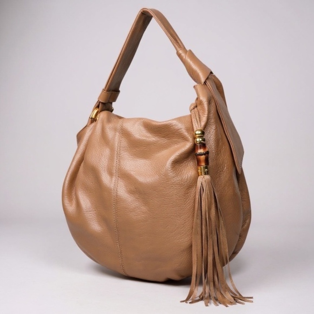 Gucci Vintage Tan Leather Bamboo Tassel Hobo Bag Made in Italy Authentic